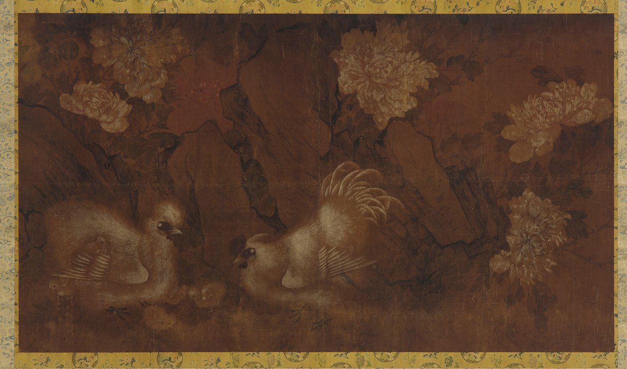 Kohout, slepice a kuřata v blízkosti keřů pivoňky od Unknown artist