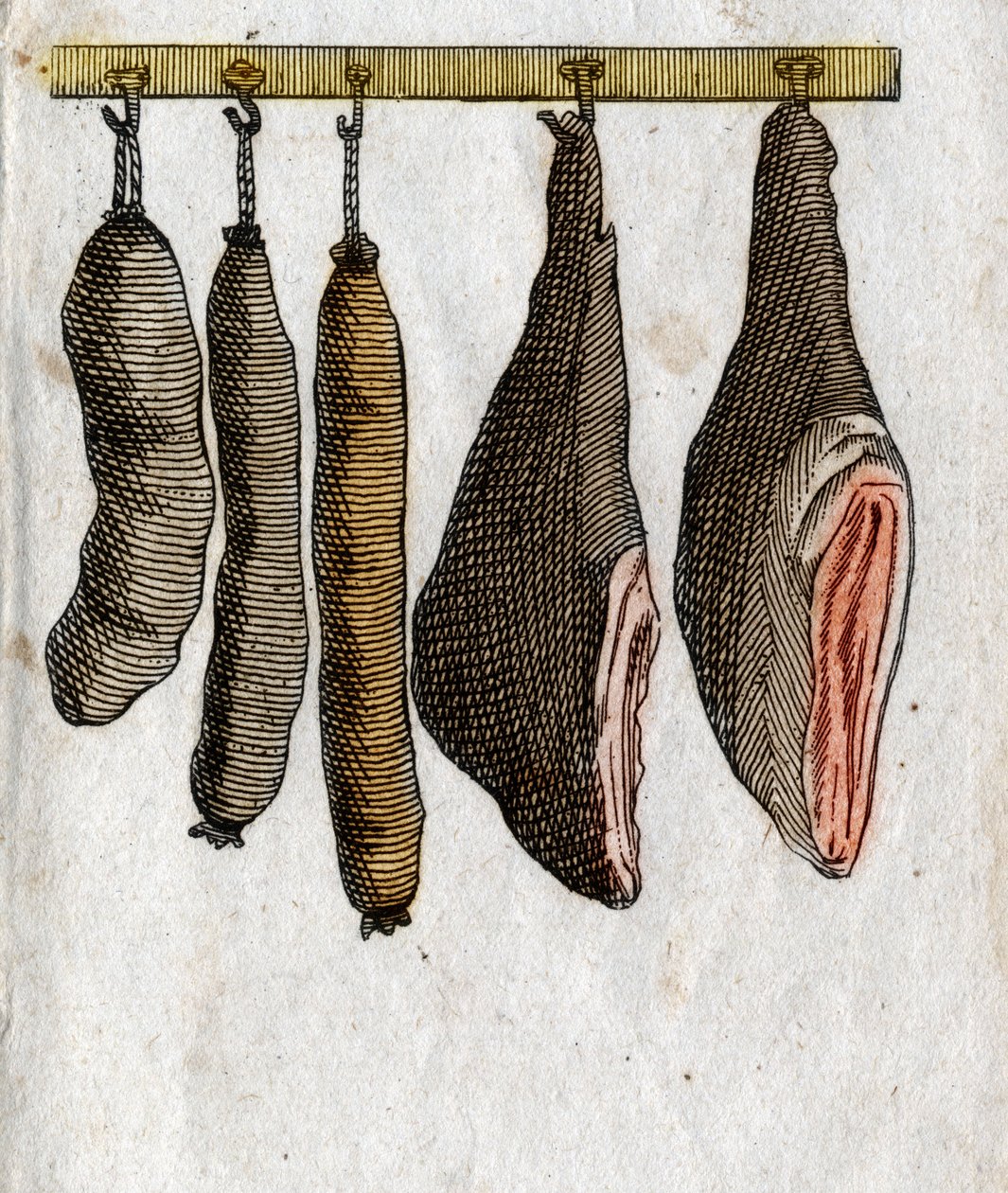 Uzeniny: Uzeninové háky se šunkou a zavěšenou klobásou. Koncová rytina 18. století. Soukromá sbírka. od Unknown artist