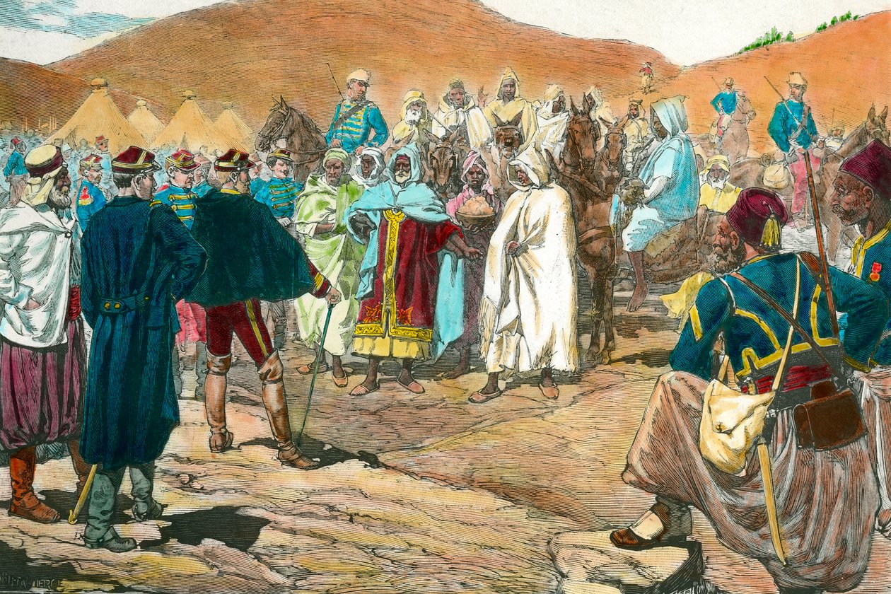 Kolonialismus: Tuniští kmenoví vůdci přicházejí do parlamentu. Rytina soukromé sbírky 19. století od Unknown artist