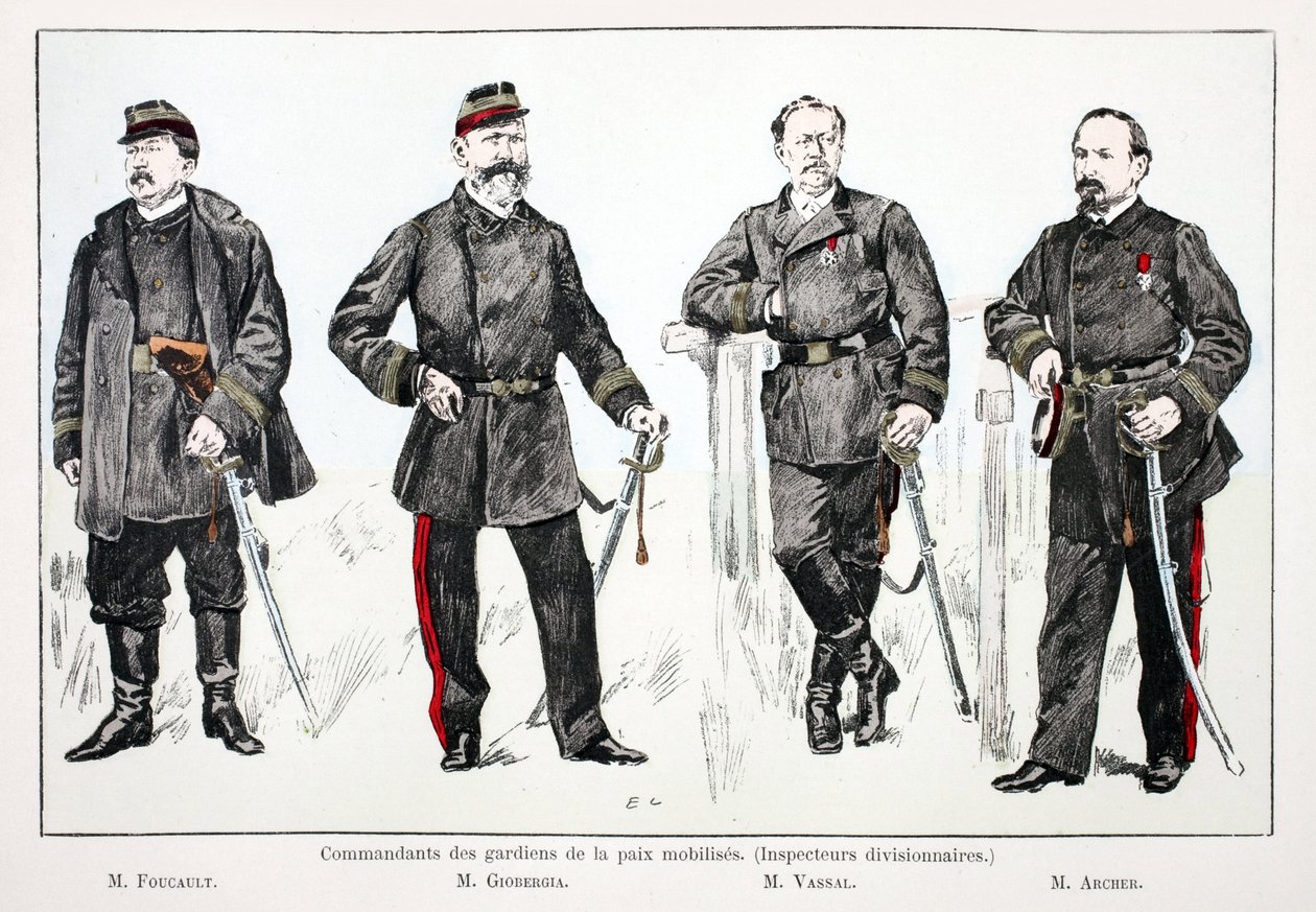Velitelé mobilizovaných mírových jednotek (divizní inspektoři), zleva doprava: p. Foucault, p. Giobergia, p. Vassal, p. Archer. Eau forte en couleurs, pour ilustrační “” Histoire du corps des gardiens de la paix””” kniha vydaná pod záštitou od Unknown artist