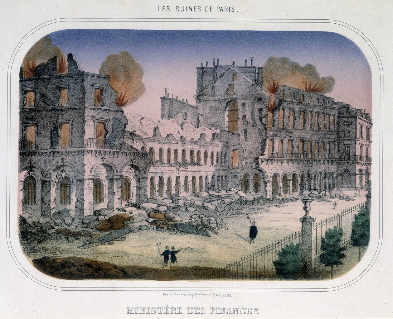 Commune de Paris: Požár na ministerstvu financí (v době Tuileries) 24. května 1871. Rytina 19. století. od Unknown artist