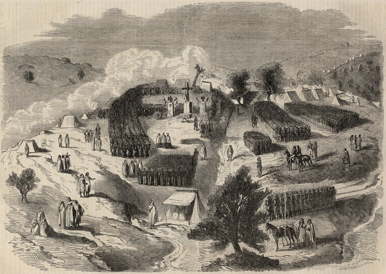 Conquete de Algerie: expedice do Velké Kabylie v roce 1857, položení prvního kamene pevnosti Napoleon v Souk-el-Arba (Souk el Arba). Rytina v „Le Monde illustrious““ z roku 1857. Soukromá sbírka. od Unknown artist