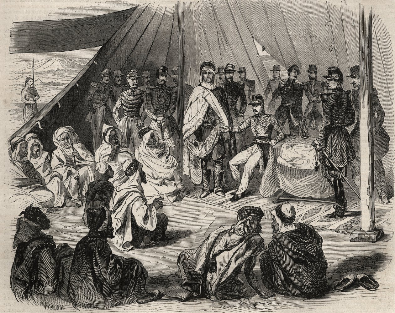 Conquete of Algeria: výprava do Velké Kabylie v roce 1857. Podrobení kmene Kabyle Beni-Raten (Beni Raten) francouzskou armádou. Rytina v „Le Monde illustrious““ z roku 1857. Soukromá sbírka. od Unknown artist