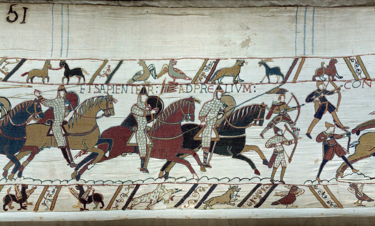 Dobytí Anglie vévodou z Normandie Williamem Dobyvatelem (1027-1087) v roce 1066: počátek bitvy u Hastings Detail tapisérie z Bayeux nebo výšivka královny Mathildy od Unknown artist