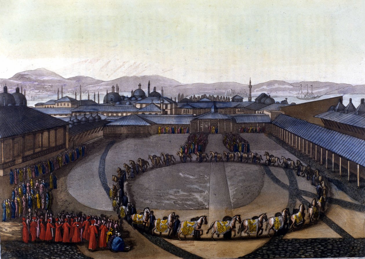 Constantinople: Gate of Felicity. Tyto dveře umožňují přístup do interiéru paláce, kde žije sultán se svou rodinou a dámami z jeho harému. V ""Le Kostým ancien et moderne"" od Unknown artist