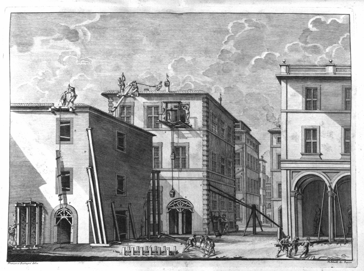 Stavební scéna na počátku 18. století. Rytina z pojednání Nicoly Zabaglii. od Unknown artist