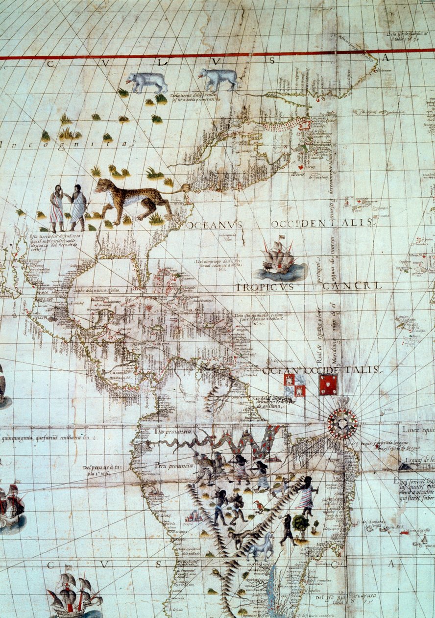 Americký kontinent. Detail mapy světa od Sebastiena Cabota od Unknown artist