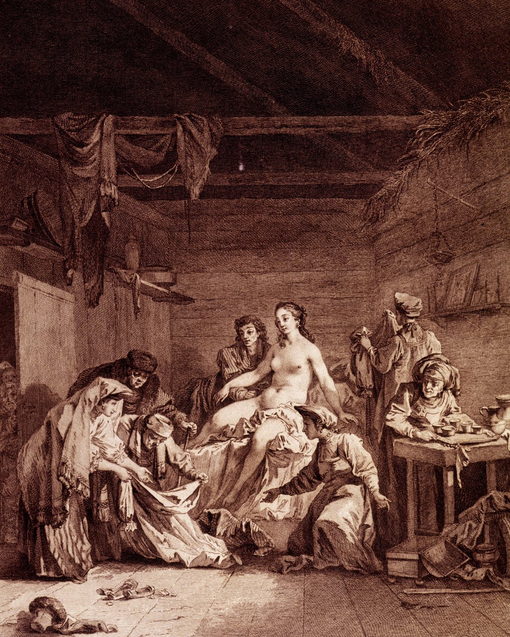 Kontrola deflorace po svatbě v Rusku. To ověřilo, že manželství bylo naplněno. Rytina 18. století. od Unknown artist