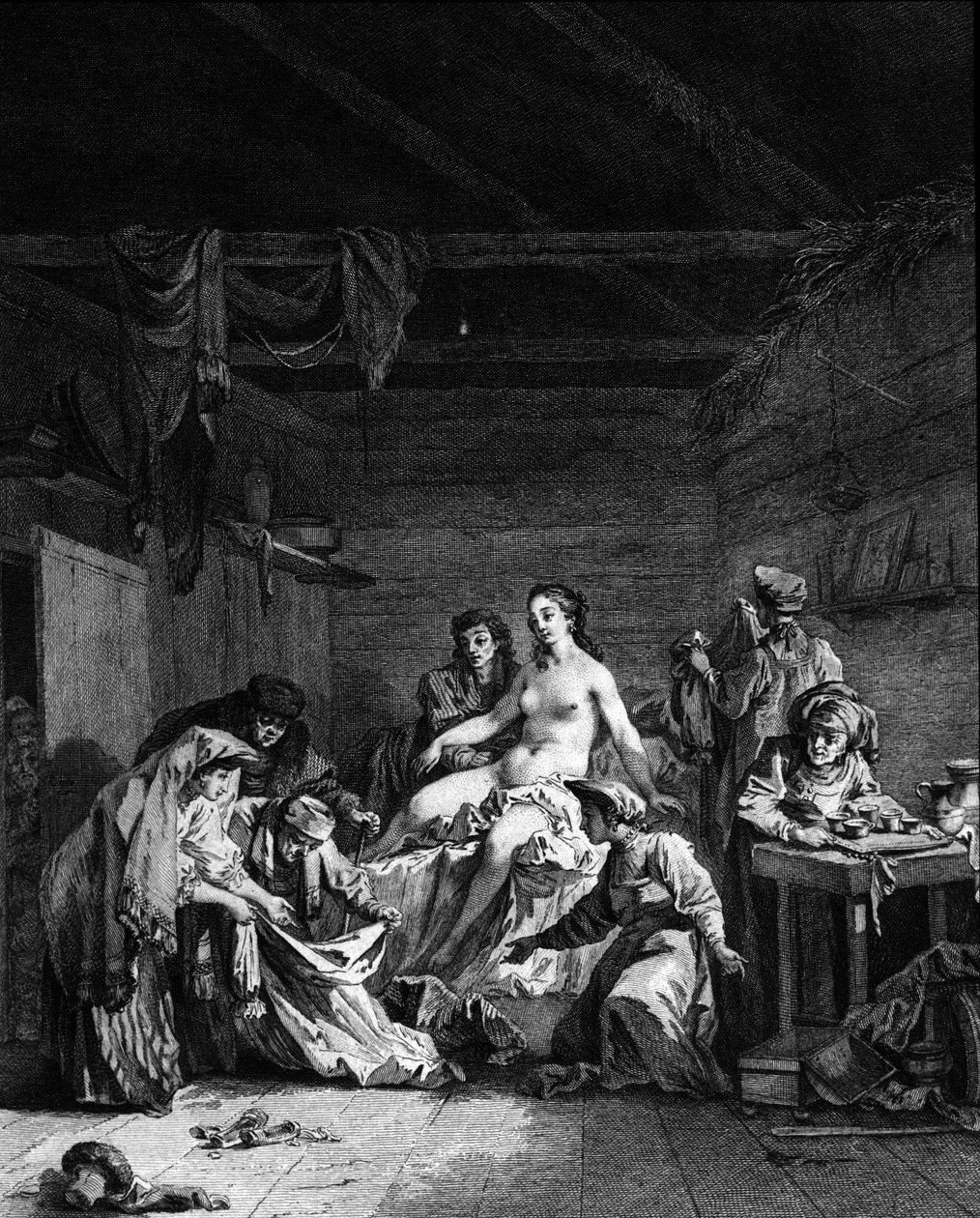 Kontrola depucking (deflowering) po svatbě panny v Rusku. Rytina 18. století od Unknown artist