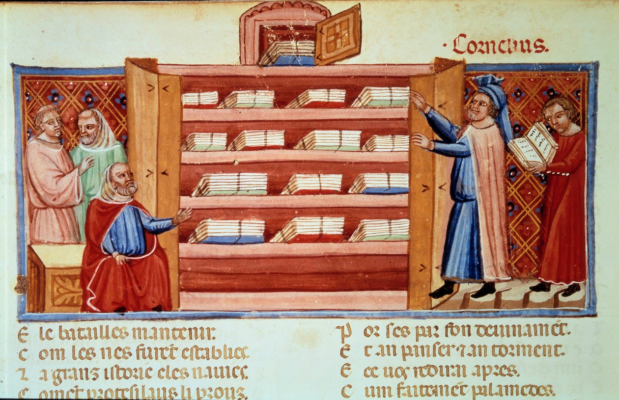 Cornelius Nepos, římský životopisec (100-v.25 př. n. l.), objeví v šatníku Historii Tróje of Dares Frygian. Miniatura v „“Le Roman de Troie““ (Folio 2v) od Benoita de Sainte-Maure (12. století) od Unknown artist