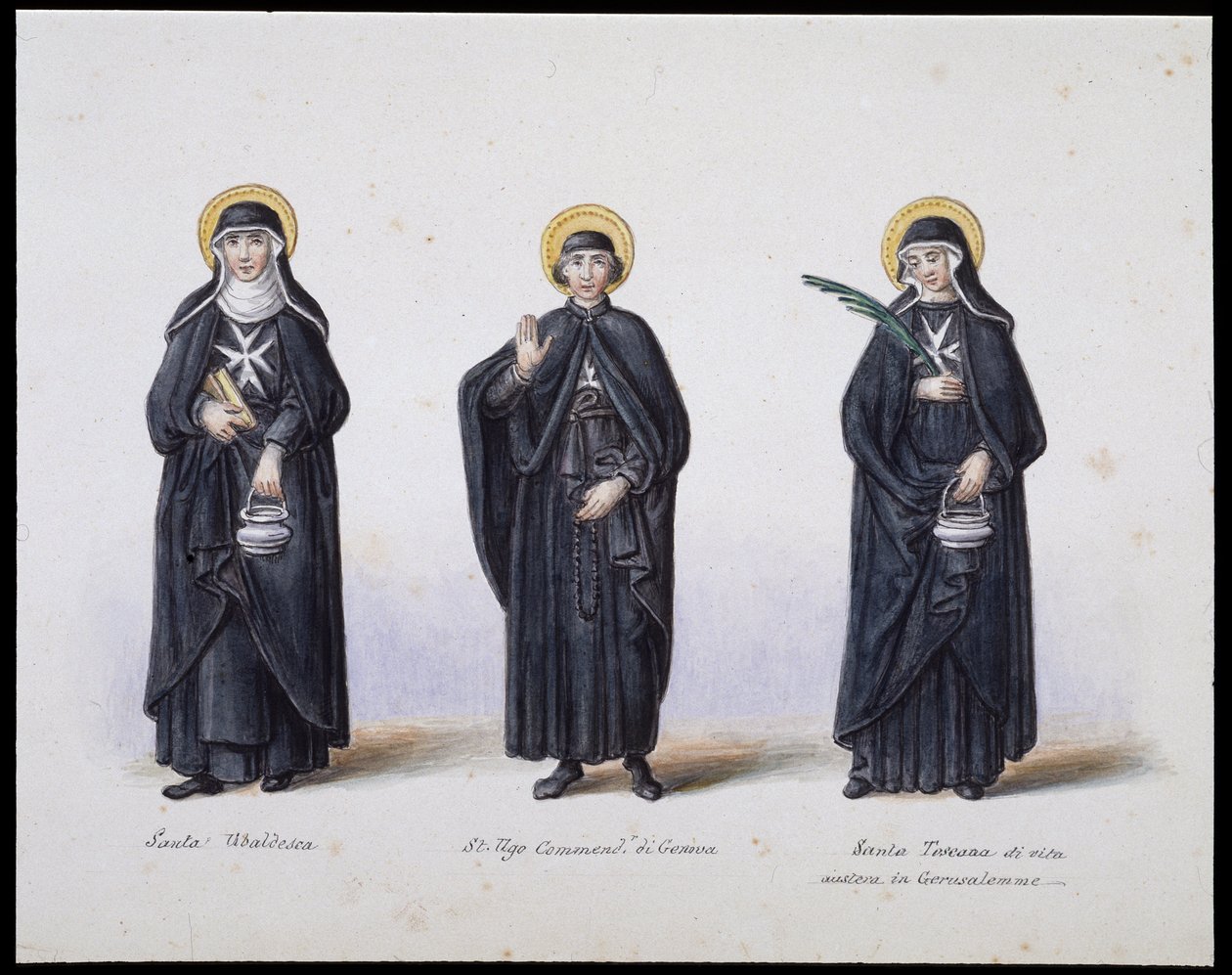 Kostýmy: 1. Santa Ubaldesca, 2. St Ugo di Genova, 3. Santa Toscana di Vita. sd. 19. století. od Unknown artist