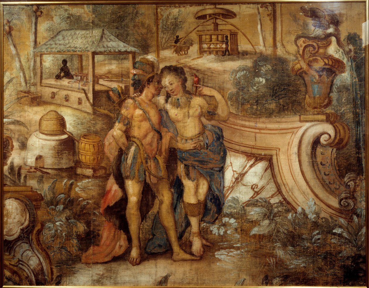 Pár ženy s Indiánem před cukrovou plantáží v Západní Indii. Anonymní malování od Unknown artist
