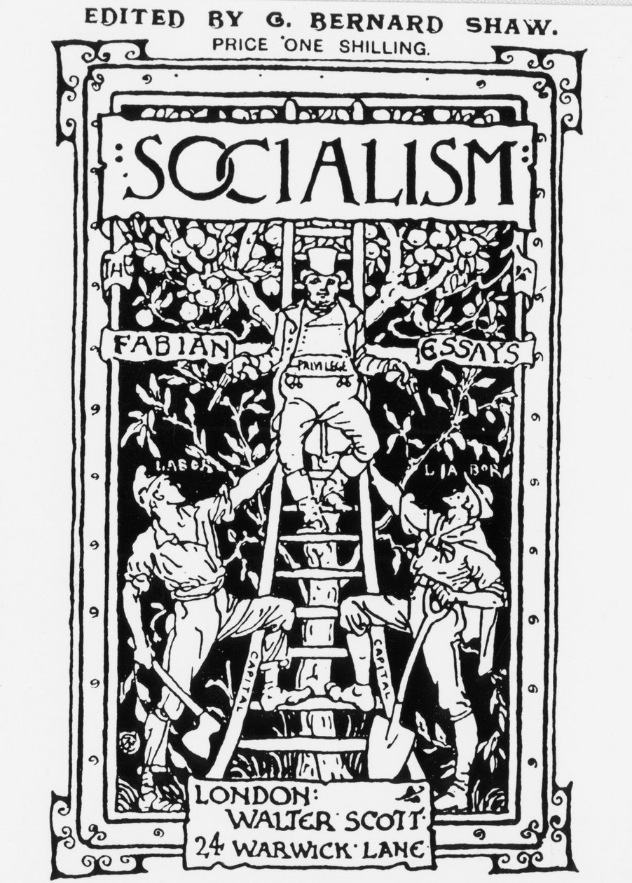 Obálka časopisu Fabian Society „Socialism“, editoval G. B. Shaw. Alegorie představuje privilegium na vrcholu stupnice symbolizující kapitál a dohlížející na dělníky se dvěma zbraněmi. Rytina. od Unknown artist