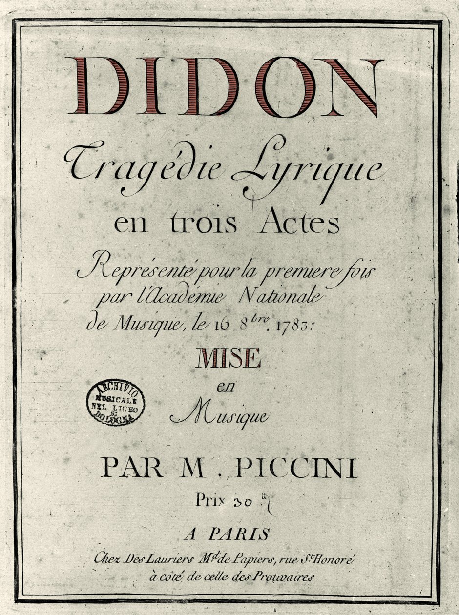 Obálka libreta opery “” Didon”” skladatele Niccolo Vito Piccinni (nebo Piccini) (1728-1800). 1783 od Unknown artist