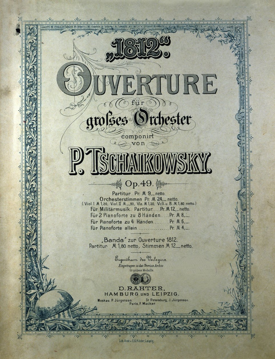 Obálka úvodní partitury „Rok 1812“““ opus 49 Piotra nebo Petra Iljiče Čajkovského (nebo Čajkovského nebo Čajkovského nebo Čajkovského od Unknown artist