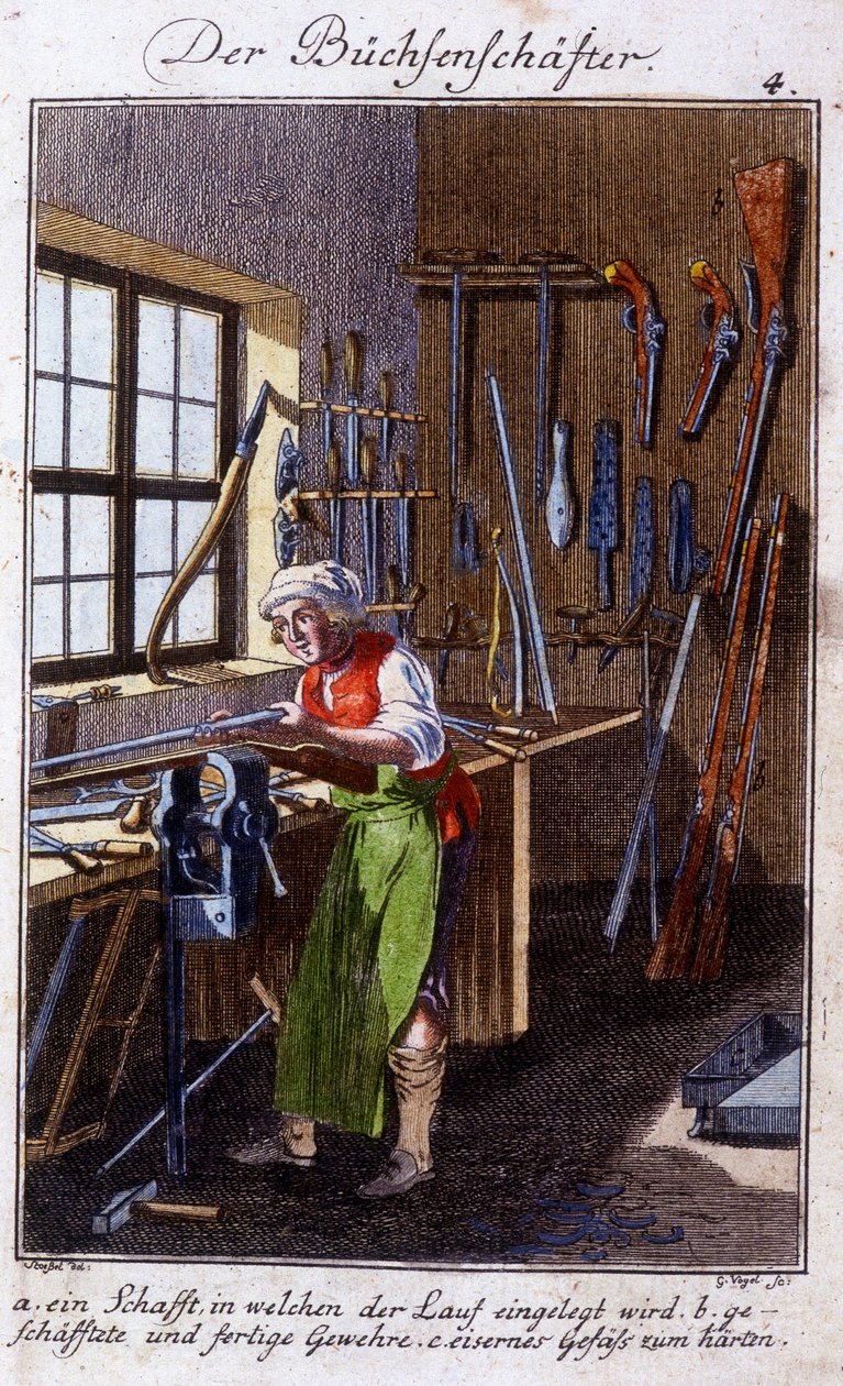 Řemeslné řemeslo: výrobce arkebuz ve své dílně. V „“ Komplexní popis umění a řemesel a workshopů pro mladé lidi“ od Johana Petera Vue. Ed. Norimberk, Weigel a Schneider od Unknown artist