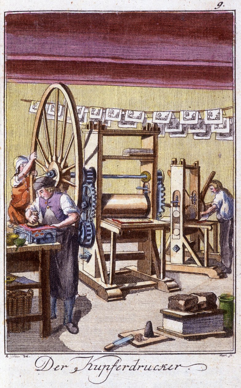 Řemeslné řemeslo: mědirytec ve své dílně. V „“ Komplexní popis umění a řemesel a dílen pro mladé lidi“ od Johana Petera Virea. Ed. Norimberk, Weigel a Schneider od Unknown artist