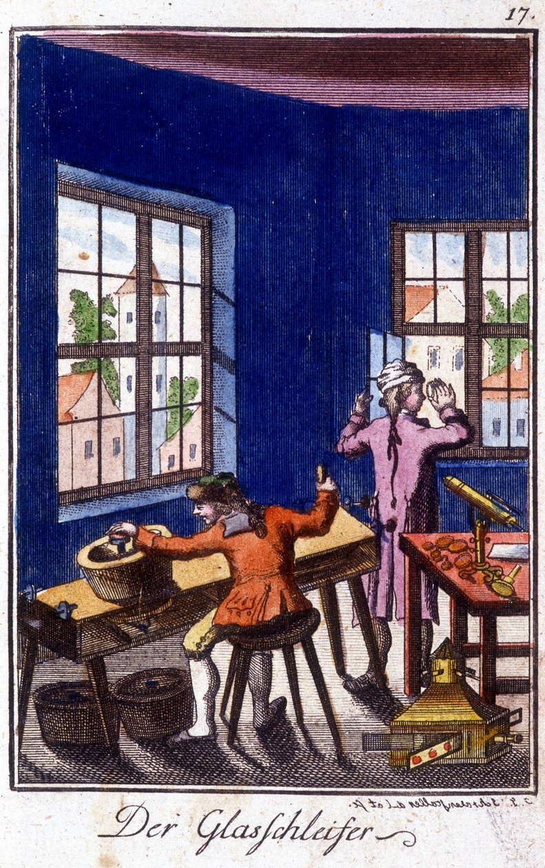 Řemeslné řemeslo: sklářský krejčí ve své dílně. V „“ Komplexní popis umění a řemesel a workshopů pro mladé lidi“ od Johana Petera Vue. Ed. Norimberk, Weigel a Schneider od Unknown artist