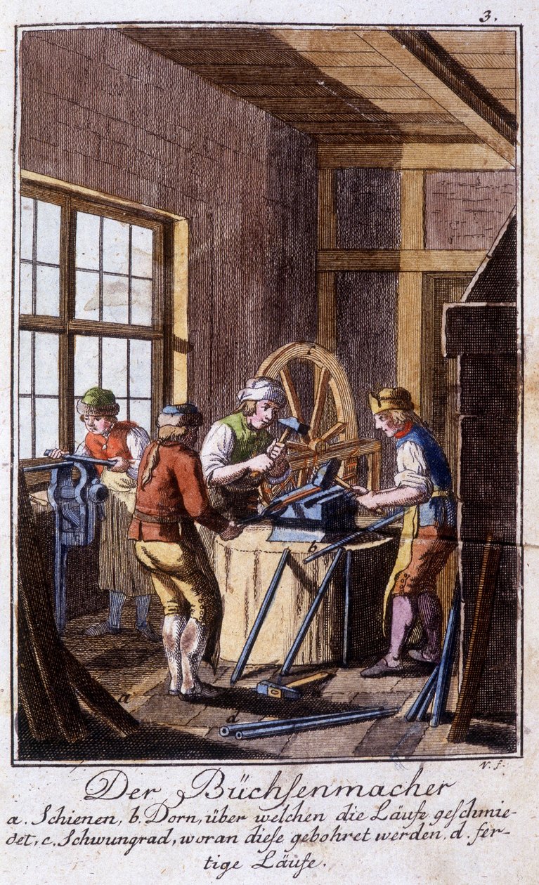 Řemeslné řemeslo: harquebusher ve své dílně. V „“ Komplexní popis umění a řemesel a workshopů pro mladé lidi“ od Johana Petera Vue. Ed. Norimberk, Weigel a Schneider od Unknown artist