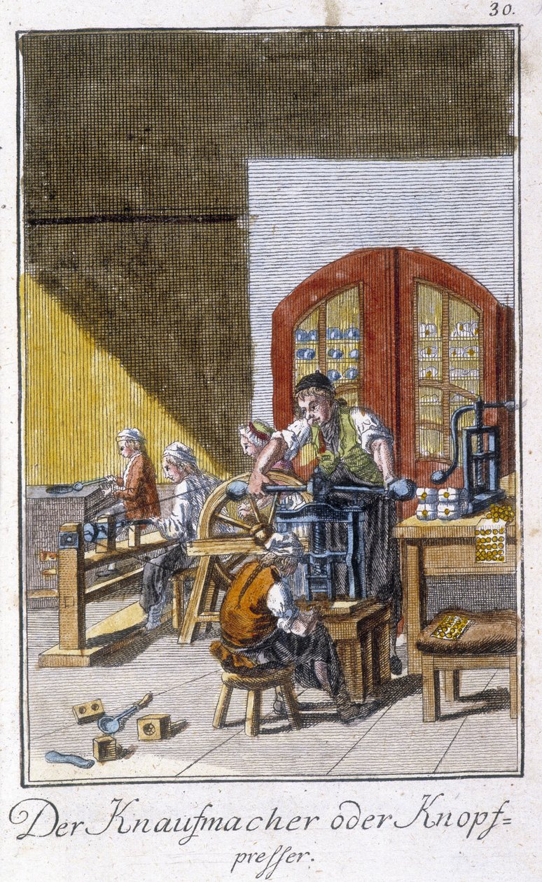 Řemeslné řemeslo: výrobce knoflíků ve své dílně. V „“ Komplexní popis umění a řemesel a workshopů pro mladé lidi“ od Johana Petera Vue. Ed. Norimberk, Weigel a Schneider od Unknown artist