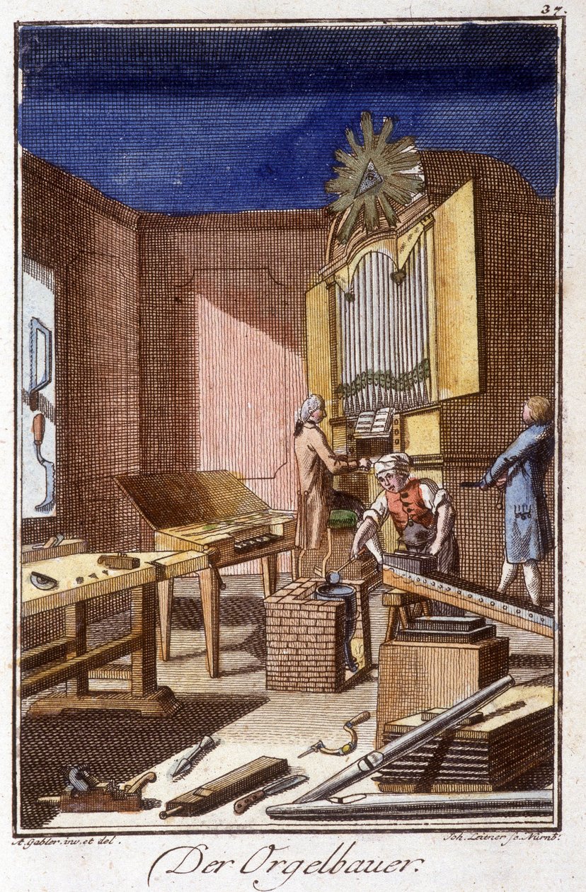 Řemeslné řemeslo: varhanář ve své dílně. V „“ Komplexní popis umění a řemesel a workshopů pro mladé lidi“ od Johana Petera Vue. Ed. Norimberk, Weigel a Schneider od Unknown artist