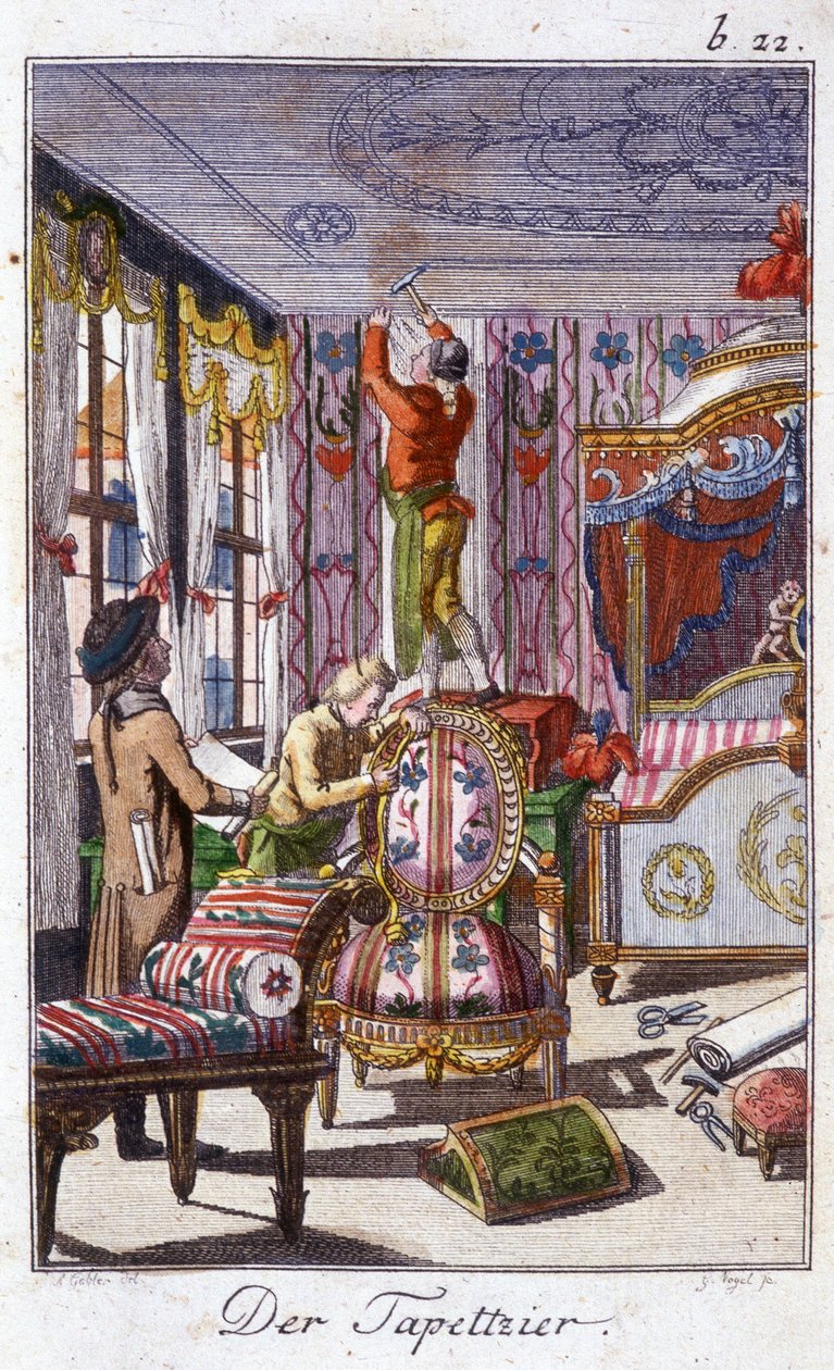 Řemeslné řemeslo: čalounictví. V „“ Komplexní popis umění a řemesel a workshopů pro mladé lidi“ od Johana Petera Vue. Ed. Norimberk, Weigel a Schneider od Unknown artist