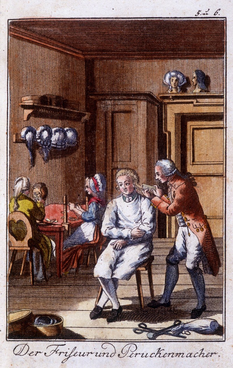 Řemesla: kadeřník a paruka v jejich dílně. V „“ Komplexní popis umění a řemesel a workshopů pro mladé lidi“ od Johana Petera Vue. Ed. Norimberk, Weigel a Schneider od Unknown artist