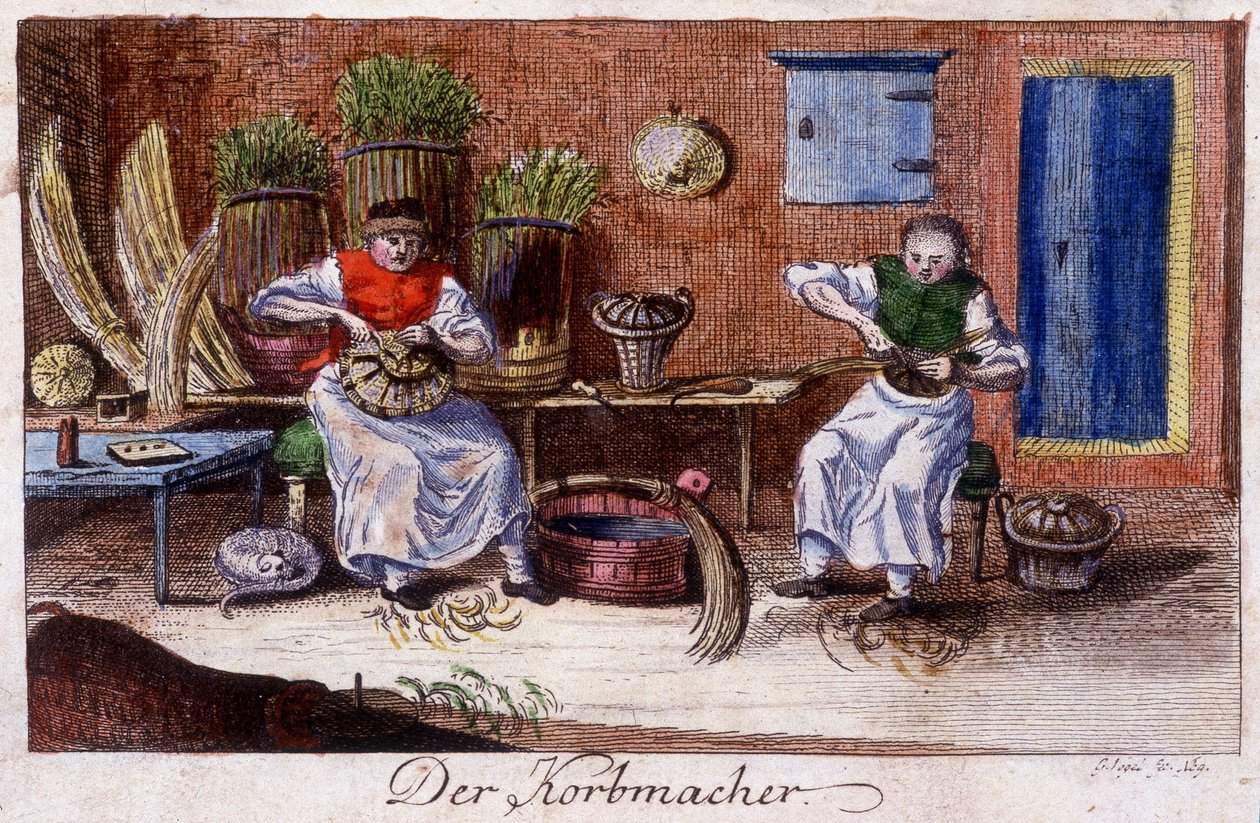 Řemesla: košíkář ve své dílně. V „“ Komplexní popis umění a řemesel a workshopů pro mladé lidi“ od Johana Petera Vue. Ed. Norimberk, Weigel a Schneider od Unknown artist