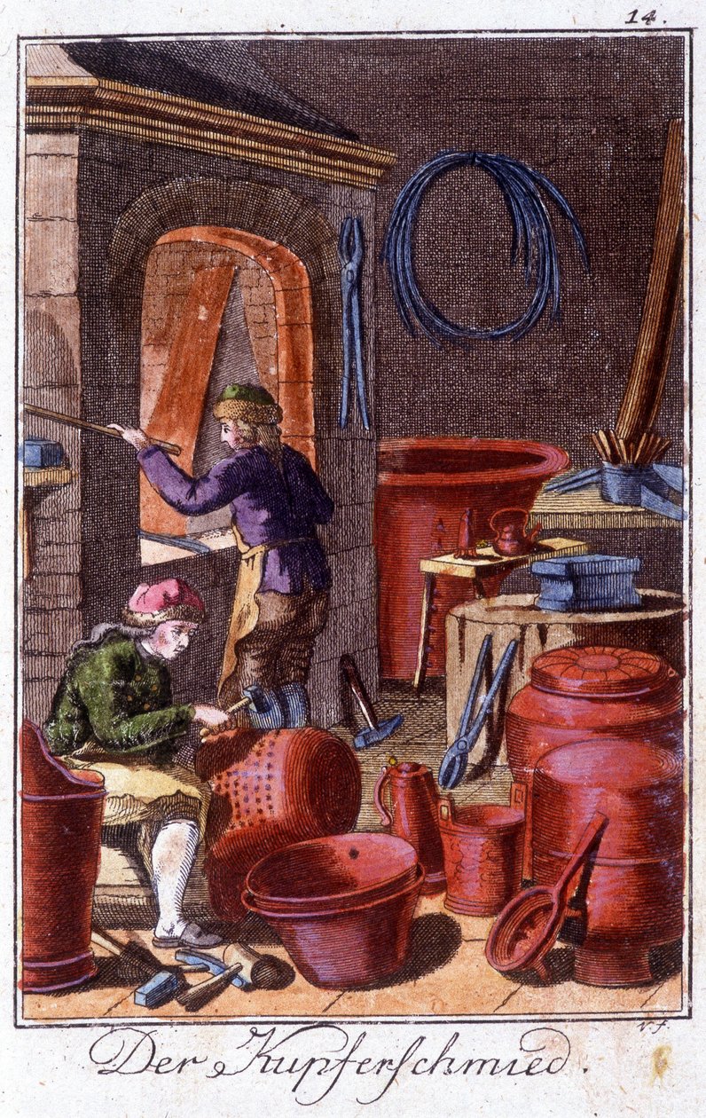 Řemesla: kotelník ve své dílně. V „“ Komplexní popis umění a řemesel a workshopů pro mladé lidi“ od Johana Petera Vue. Ed. Norimberk, Weigel a Schneider od Unknown artist