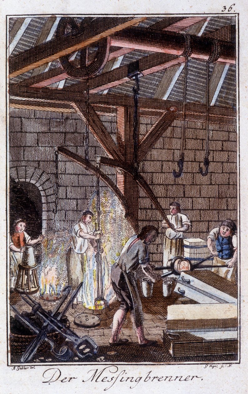 Řemesla: výrobce mosazného zboží ve své dílně. In “” Komplexní popis umění a řemesel a workshopů pro mladé lidi””” od Johana Petera Vue. Ed. Norimberk, Weigel a Schneider od Unknown artist