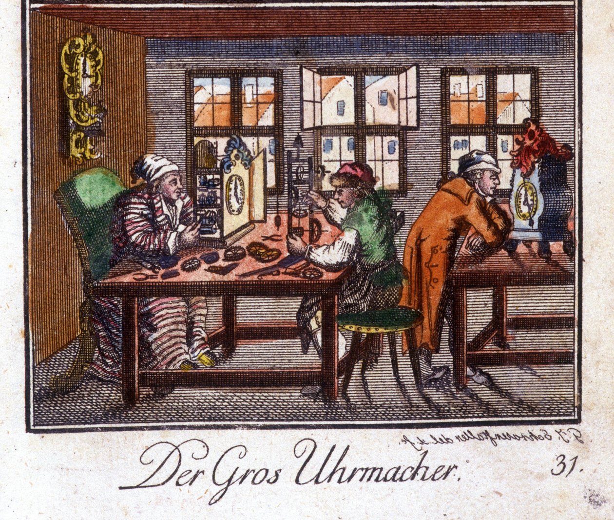 Řemesla: výrobce hodin ve své dílně. V „“ Komplexní popis umění a řemesel a workshopů pro mladé lidi“ od Johana Petera Vue. Ed. Norimberk, Weigel a Schneider od Unknown artist