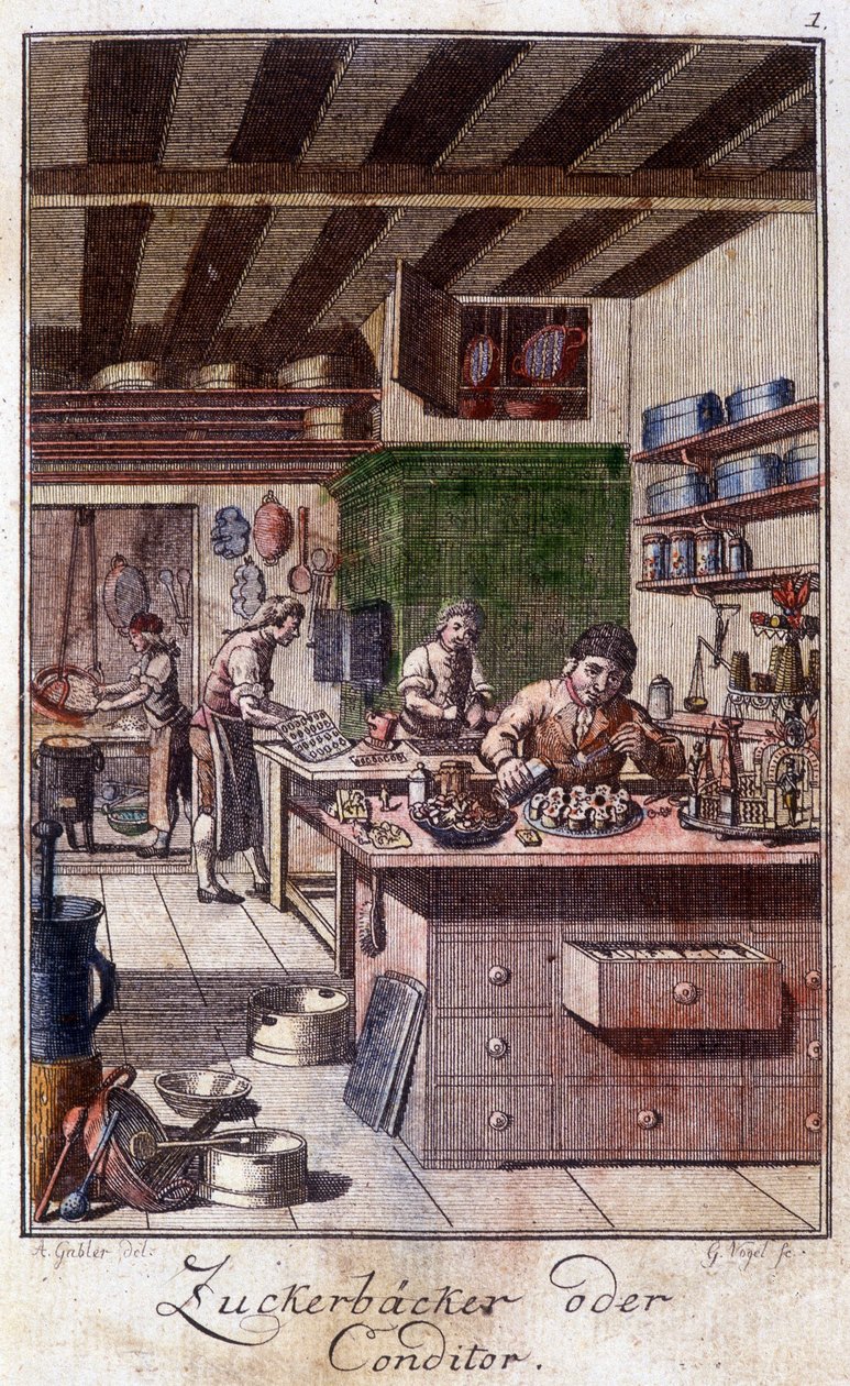 Řemesla: cukrář ve své dílně. V „“ Komplexní popis umění a řemesel a workshopů pro mladé lidi“ od Johana Petera Vue. Ed. Norimberk, Weigel a Schneider od Unknown artist