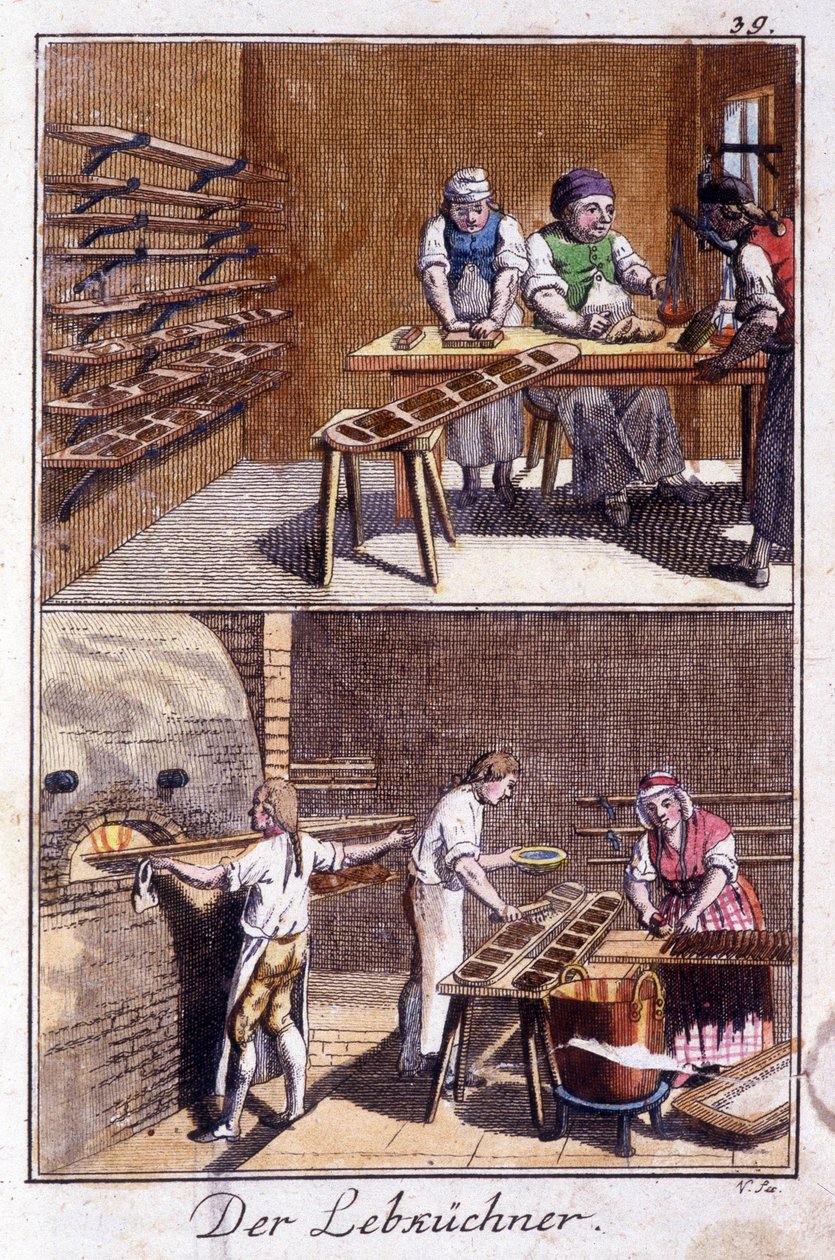 Řemesla: perníkář ve své dílně. V „“ Komplexní popis umění a řemesel a workshopů pro mladé lidi“ od Johana Petera Vue. Ed. Norimberk, Weigel a Schneider od Unknown artist