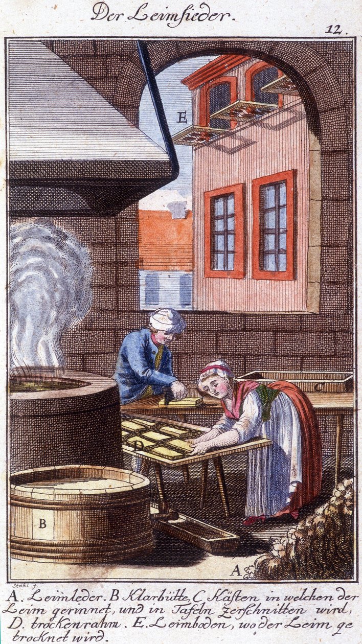 Řemesla: výrobce lepidla ve své dílně. V „“ Komplexní popis umění a řemesel a workshopů pro mladé lidi“ od Johana Petera Vue. Ed. Norimberk, Weigel a Schneider od Unknown artist