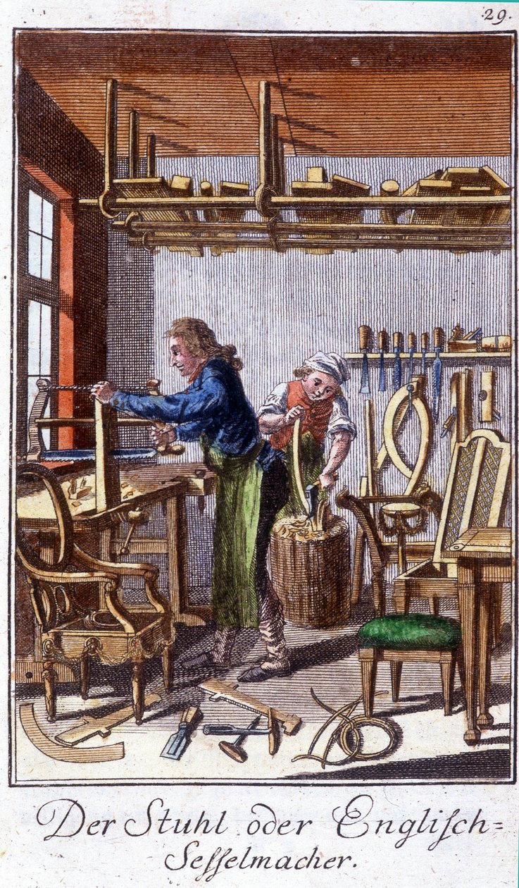 Řemesla: výrobce židlí ve své dílně. V „“ Komplexní popis umění a řemesel a workshopů pro mladé lidi“ od Johana Petera Vue. Ed. Norimberk, Weigel a Schneider od Unknown artist