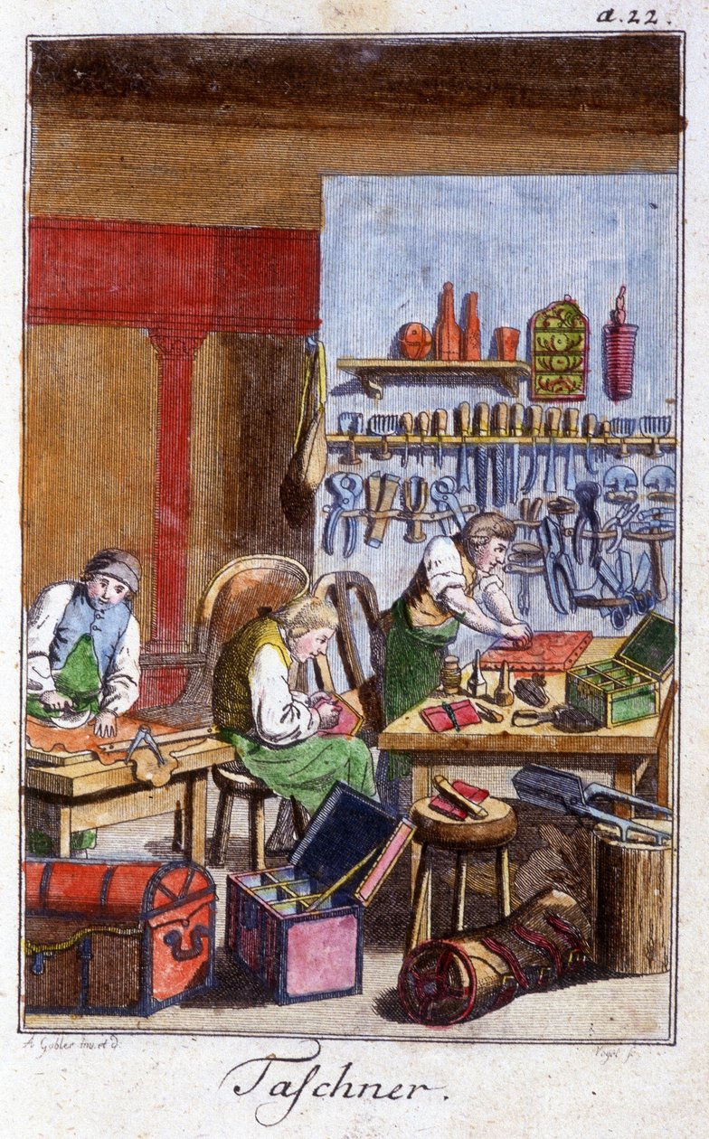 Řemesla: pochetier a gibecier ve své dílně. V „“ Komplexní popis umění a řemesel a workshopů pro mladé lidi“ od Johana Petera Vue. Ed. Norimberk, Weigel a Schneider od Unknown artist