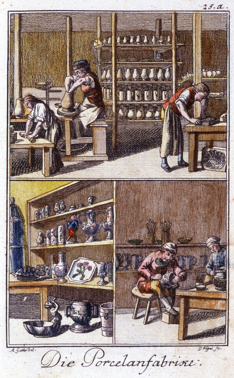 Řemesla: výrobce porcelánu ve své dílně. V „“ Komplexní popis umění a řemesel a workshopů pro mladé lidi“ od Johana Petera Vue. Ed. Norimberk, Weigel a Schneider od Unknown artist