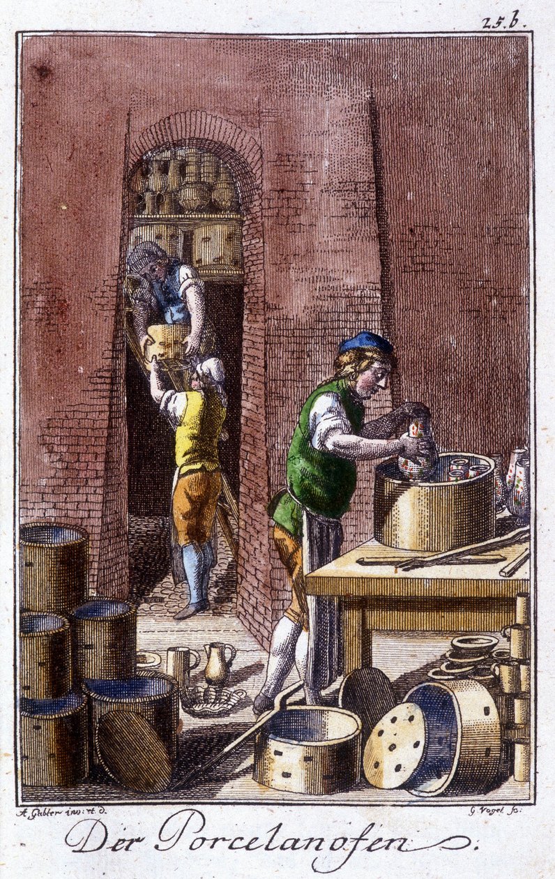 Řemesla: výrobce porcelánu ve své dílně. V „“ Komplexní popis umění a řemesel a workshopů pro mladé lidi“ od Johana Petera Vue. Ed. Norimberk, Weigel a Schneider od Unknown artist