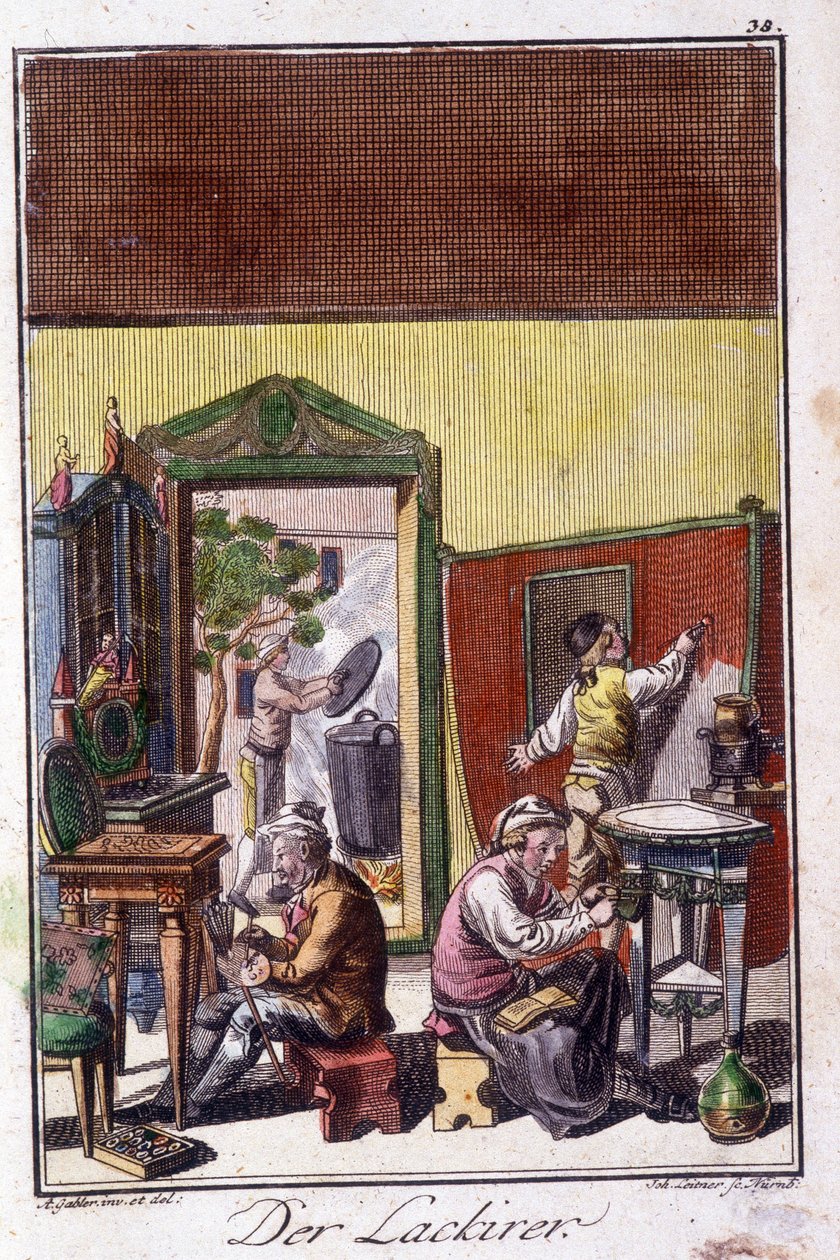 Řemesla: lakýrník ve své dílně. V „“ Komplexní popis umění a řemesel a workshopů pro mladé lidi“ od Johana Petera Vue. Ed. Norimberk, Weigel a Schneider od Unknown artist