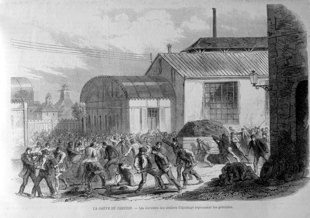 Creusotův úder. Pracovníci úpraven odrážející stávkující. Rytina 19. století. od Unknown artist