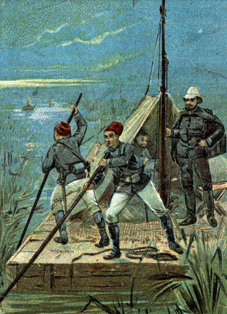 Přechod přes močály Bahr el Ghazal v Africe misií Marchand v roce 1899. Liebigova chromolitografie 19. století od Unknown artist