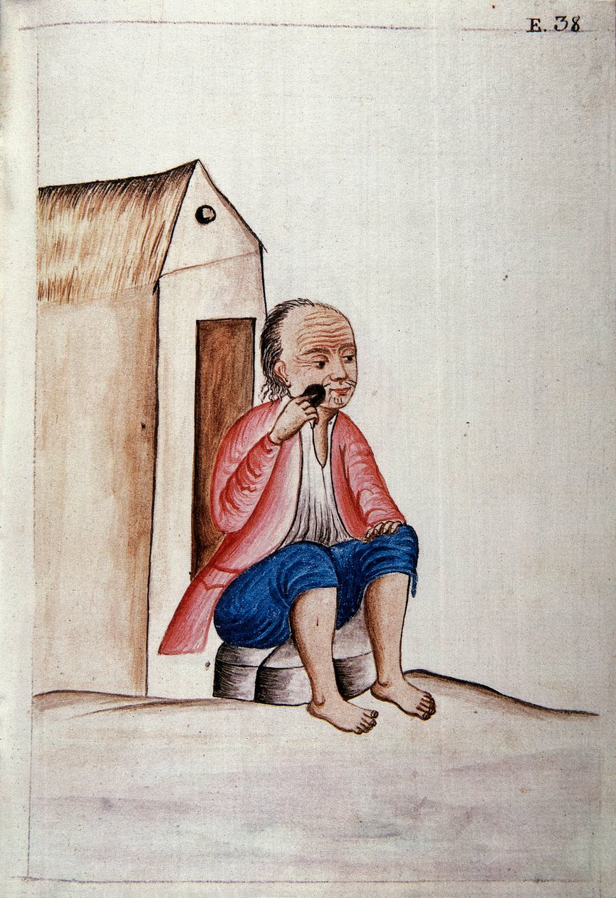 Každodenní život a zvyky Peru: "" Ind si holí vousy na prahu "" Akvarel převzat z knihy "" Trujillo del Peru " " od Baltasara Martineze Companona y Bajandy, biskupa z Trujillo (1782-1785). Madrid 18. století. Biblioteca del Palacio Real od Unknown artist