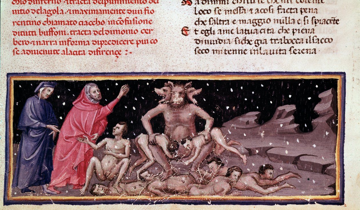 Dante a Virgil potkají Ciacca a Cerbere s nenasytným (píseň 9 z pekla, v Božské komedii) - miniatura od Unknown artist