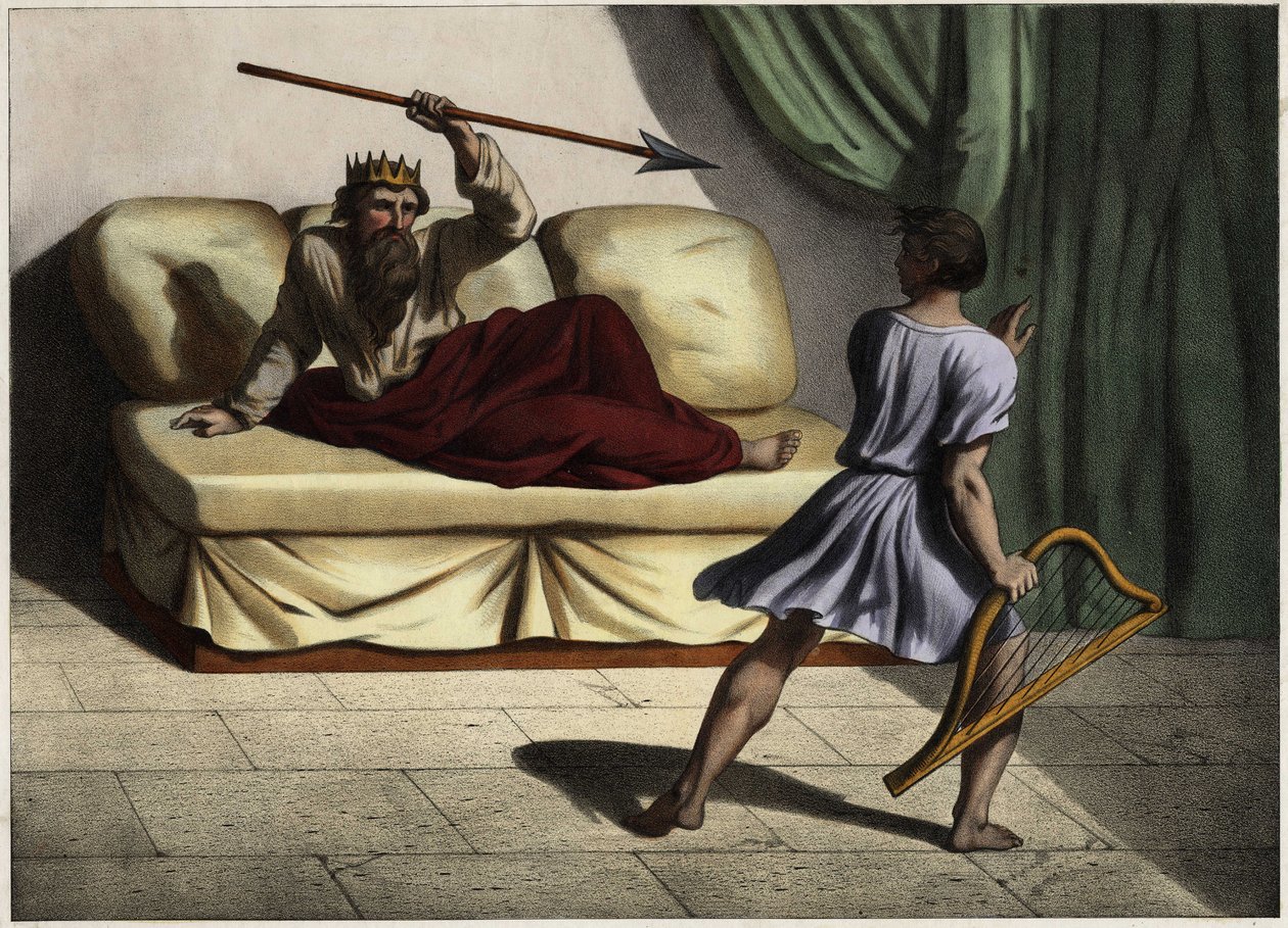 David hrál na cithar před králem Saulem, aby ho uklidnil. Anonymní rytina z poloviny 19. století. od Unknown artist