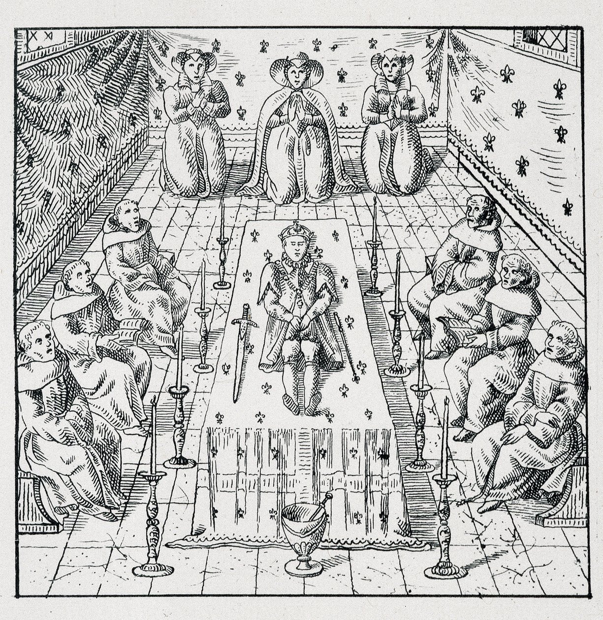 Smrt Karla IX. dne 30. května 1574 ve věku 24 let – v „“ Sbírka 39 figurek představujících katastrofy ve Francii v letech 1562 až 1586““ Louis Perrin imprimerie od Unknown artist