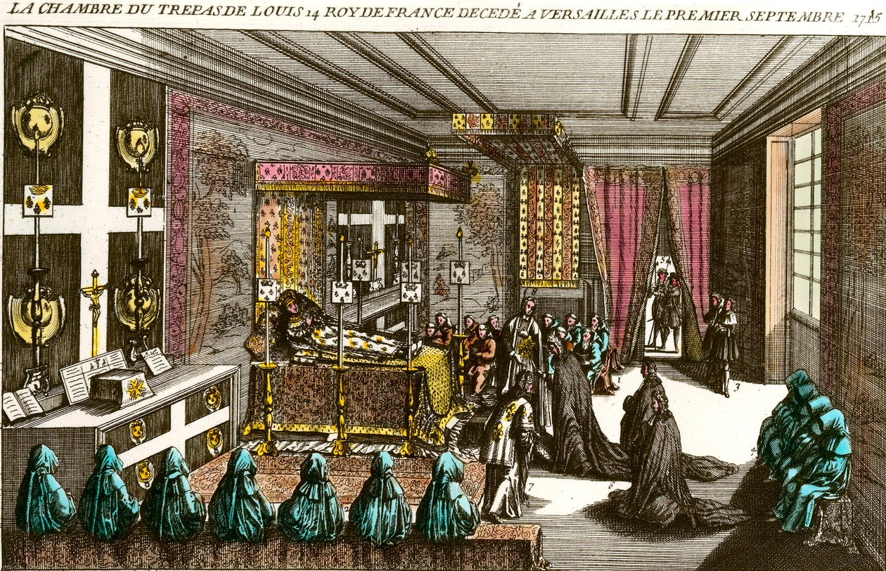 Smrt krále Ludvíka XIV.: zádušní komnata Ludvíka XIV. (1638-1715), známý jako král Soleil, odchází do Versailles dne 1. 9. 1715. Rytina soukromé sbírky z 18. století od Unknown artist