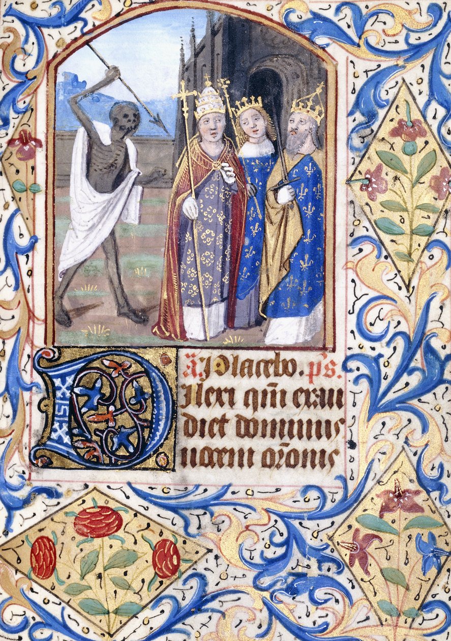 Smrt s kopím mířícím na tři postavy, papež, král, král a královna, stojící před gotickým kostelem, kolem roku 1470 od Unknown artist