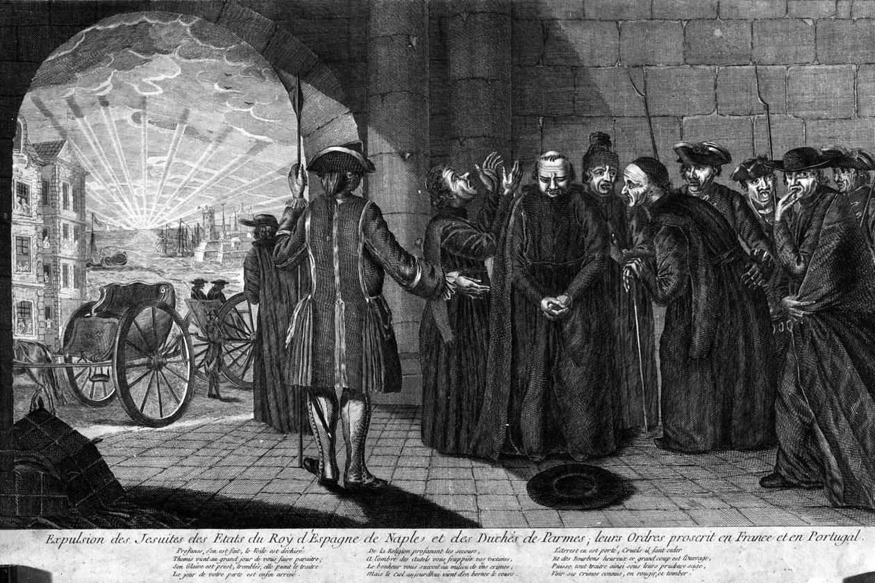 Deportace jezuitů 21.7.1773: Vyhnání jezuitů ze států španělského krále, Neapole a Parmského vévodství, jejich řády byly ve Francii a Portugalsku zakázány. Rytina z počátku 19. století od Unknown artist