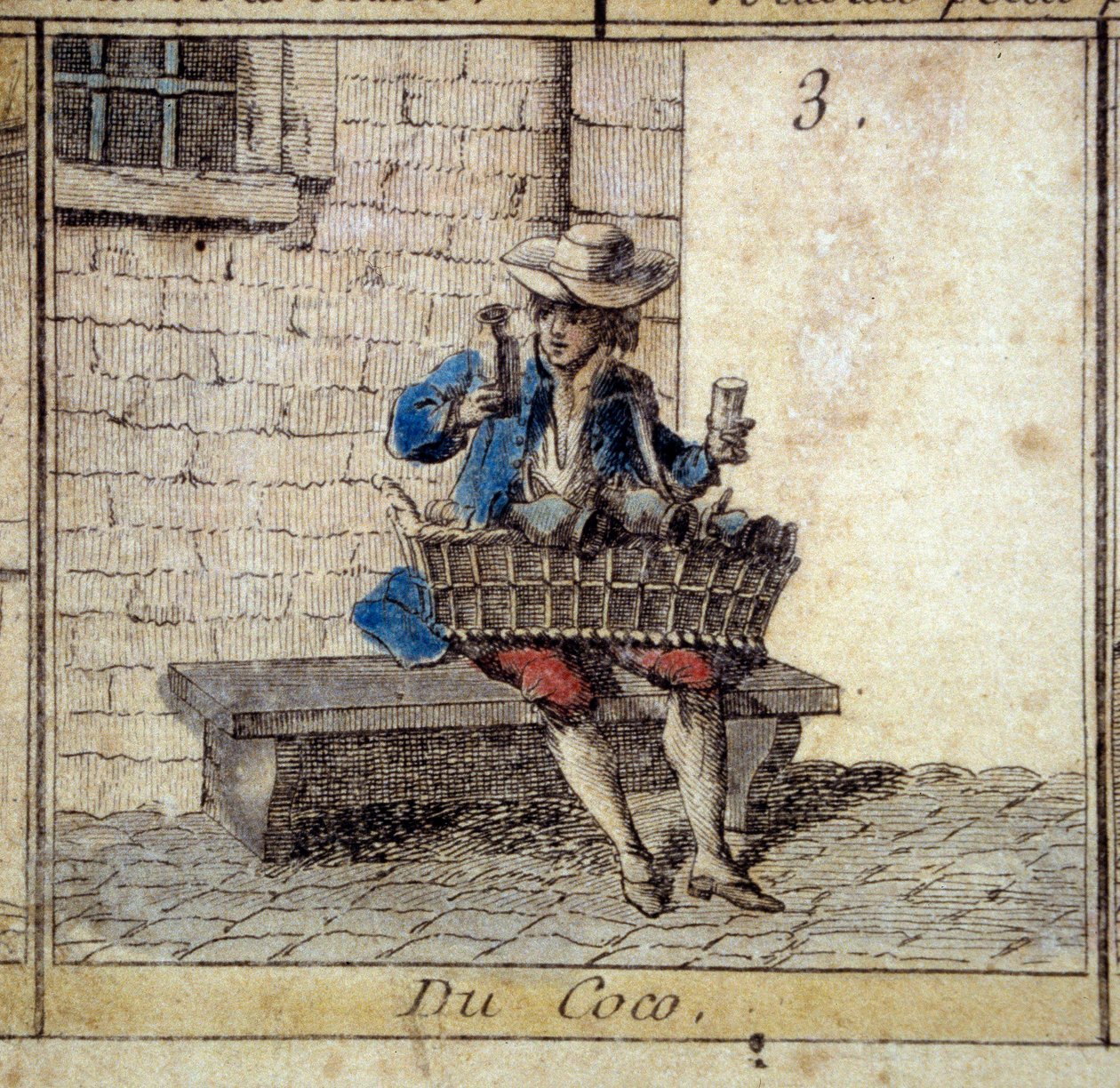 Detail hry Cree of Paris husa: obchodník s kokosem (prodává cetky). Rytina 18. století. Coll. Odjezd od Unknown artist