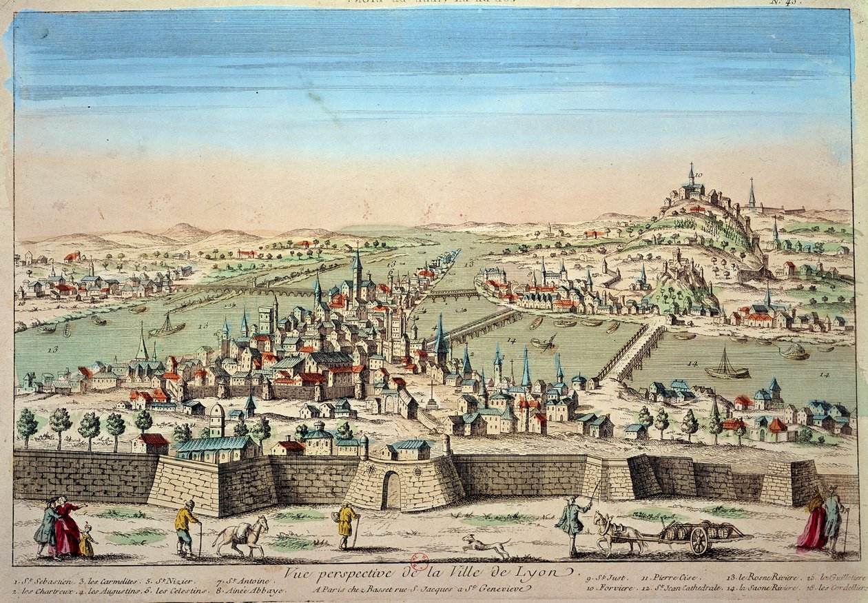 Detailní pohled na město Lyon na březích Rhony a Saone. Rytina 17. století Paris B.N. od Unknown artist